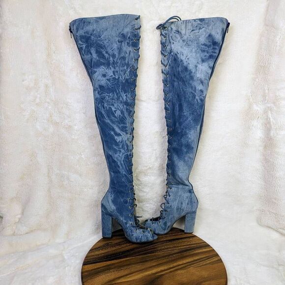 Club Exx Legacy Denim Blue Over the Knee Lace Up Heeled Boots US Size 7 - Picture 1 of 10